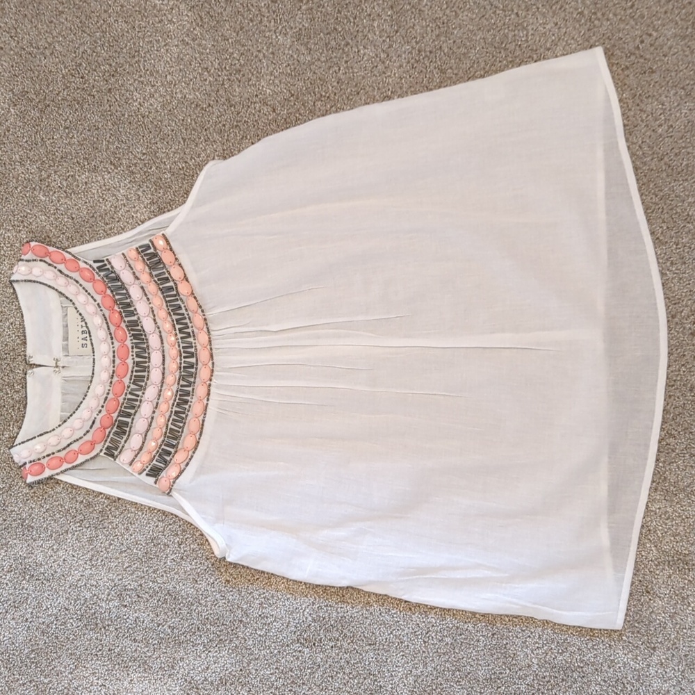 NWT Sabine S white top with pink and silver beading